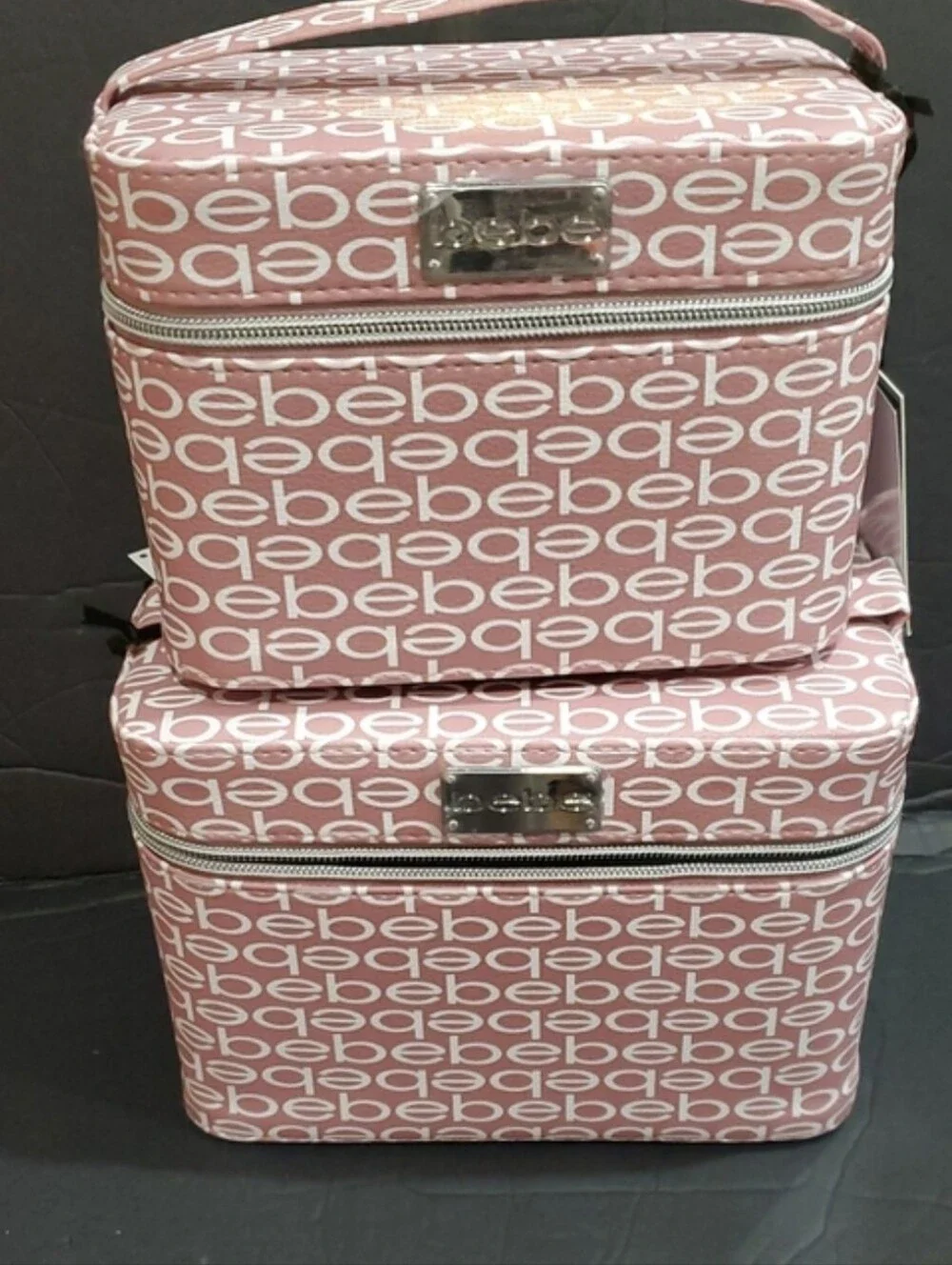 Bebe blush monogram small cosmetics hard train case with 2 toiletry bottles